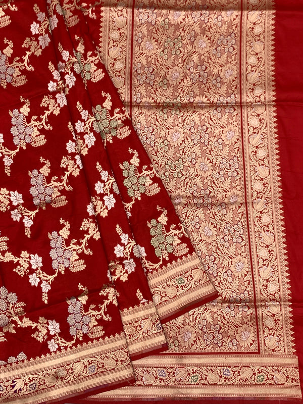 Imperial Crimson Red Banarasi Saree with Gold And Silver Meenakari