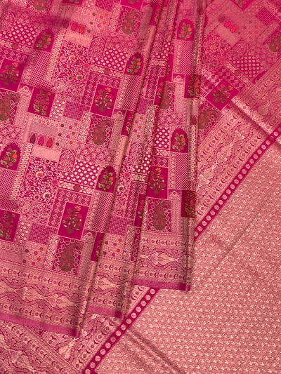 Ethereal Rani Pink Banarasi Silk Saree with Ornate Patchwork
