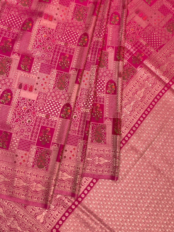 Ethereal Rani Pink Banarasi Silk Saree with Ornate Patchwork