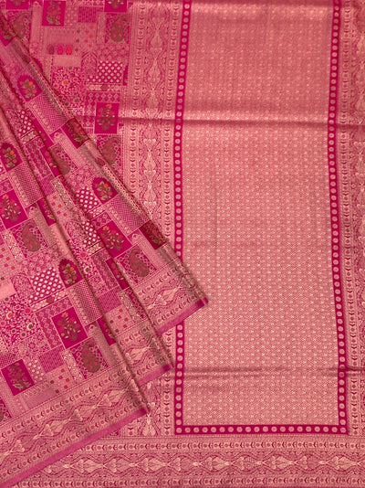 Ethereal Rani Pink Banarasi Silk Saree with Ornate Patchwork
