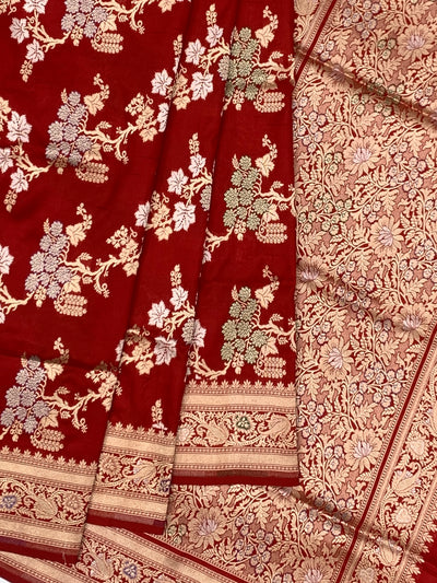 Imperial Crimson Red Banarasi Saree with Gold And Silver Meenakari