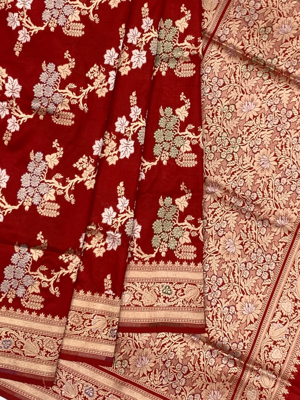 Imperial Crimson Red Banarasi Saree with Gold And Silver Meenakari