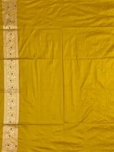 Radiant Mustard Yellow Banarasi Silk Saree with Intricate Gold Zari & Meenakari Floral Jaal