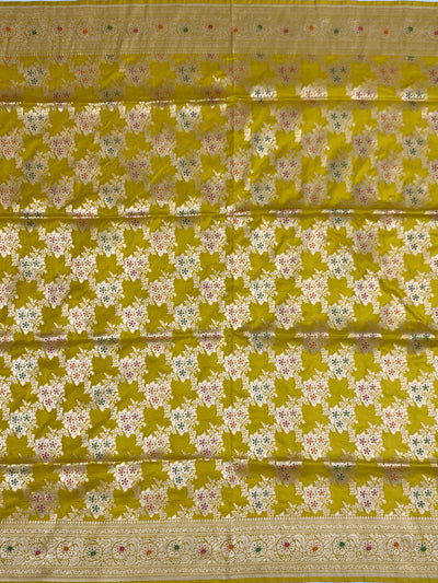 Radiant Mustard Yellow Banarasi Silk Saree with Intricate Gold Zari & Meenakari Floral Jaal