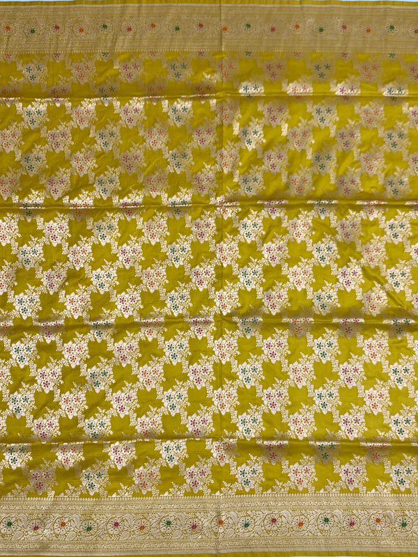 Radiant Mustard Yellow Banarasi Silk Saree with Intricate Gold Zari & Meenakari Floral Jaal