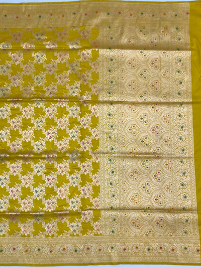 Radiant Mustard Yellow Banarasi Silk Saree with Intricate Gold Zari & Meenakari Floral Jaal