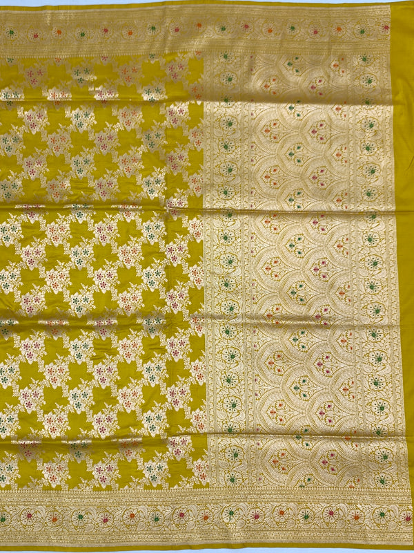 Radiant Mustard Yellow Banarasi Silk Saree with Intricate Gold Zari & Meenakari Floral Jaal