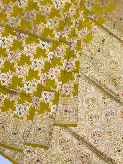 Radiant Mustard Yellow Banarasi Silk Saree with Intricate Gold Zari & Meenakari Floral Jaal