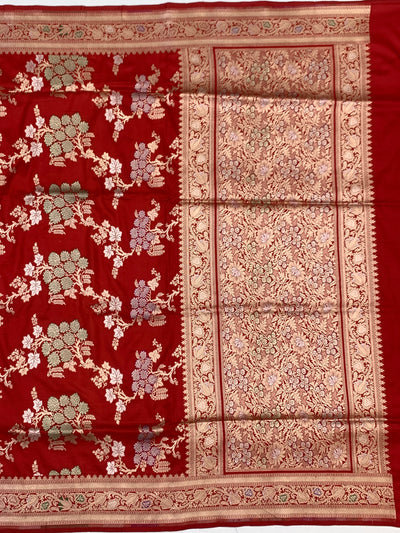 Imperial Crimson Red Banarasi Saree with Gold And Silver Meenakari