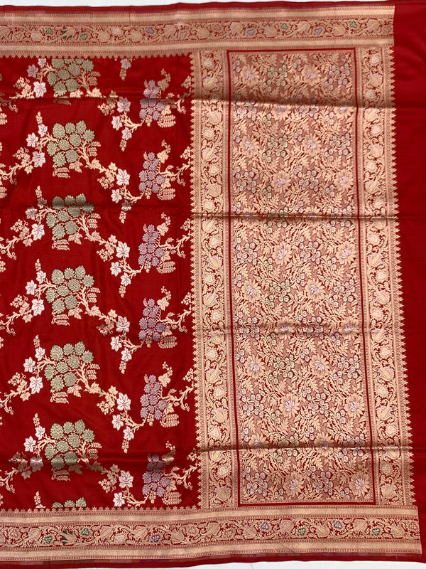 Imperial Crimson Red Banarasi Saree with Gold And Silver Meenakari