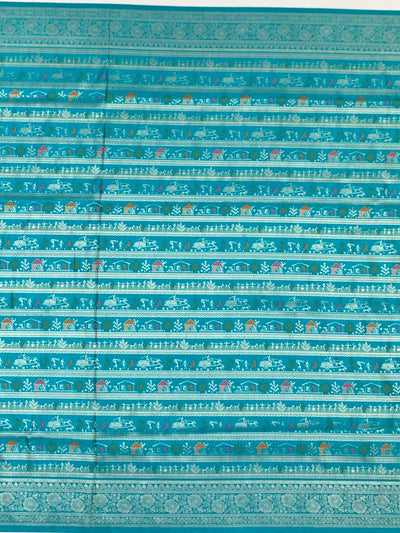 Teal Blue Banarasi Silk Saree with Warli-Inspired Folk Art