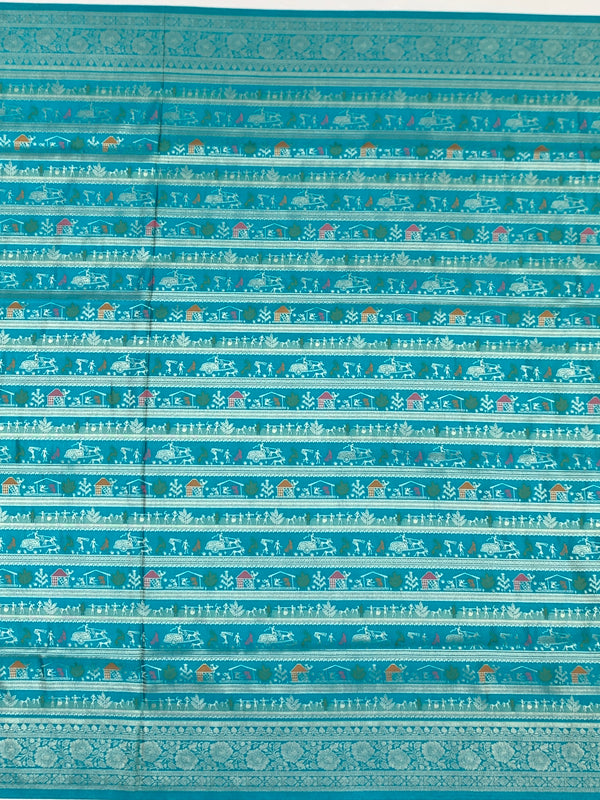 Teal Blue Banarasi Silk Saree with Warli-Inspired Folk Art
