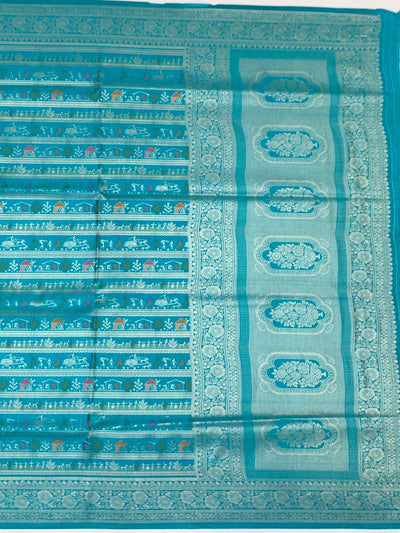 Teal Blue Banarasi Silk Saree with Warli-Inspired Folk Art
