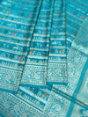 Teal Blue Banarasi Silk Saree with Warli-Inspired Folk Art
