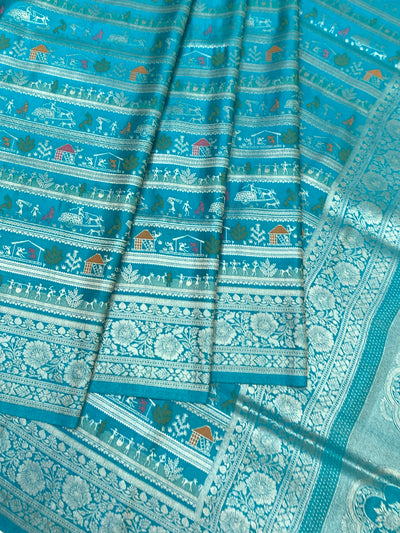 Teal Blue Banarasi Silk Saree with Warli-Inspired Folk Art