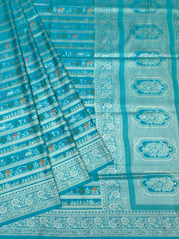 Teal Blue Banarasi Silk Saree with Warli-Inspired Folk Art