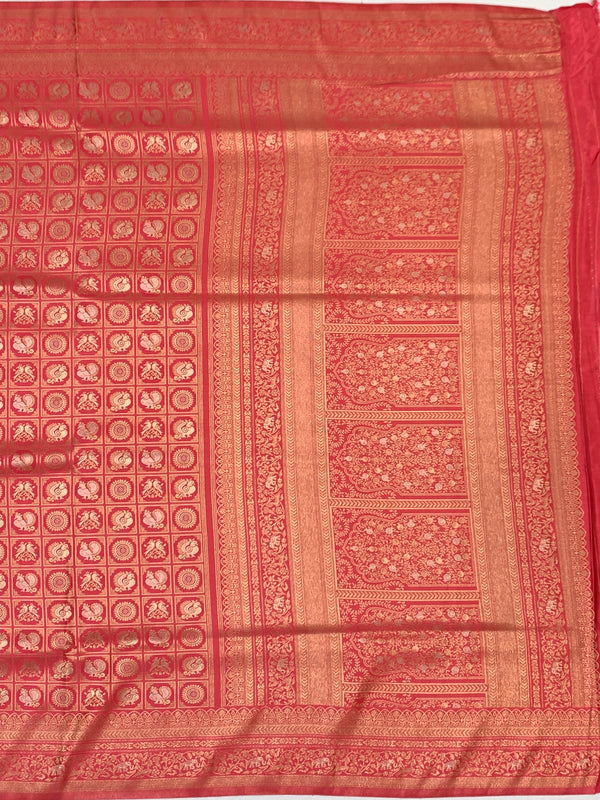Regal Peach Banarasi Silk Saree with Heavy Gold Zari Brocade