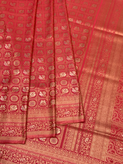 Regal Peach Banarasi Silk Saree with Heavy Gold Zari Brocade