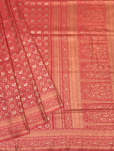 Regal Peach Banarasi Silk Saree with Heavy Gold Zari Brocade