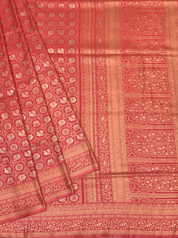 Regal Peach Banarasi Silk Saree with Heavy Gold Zari Brocade