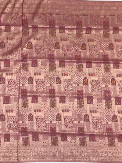 Exquisite Dusty Pink Banarasi Silk Saree with Mosaic Patchwork & Gold Zari