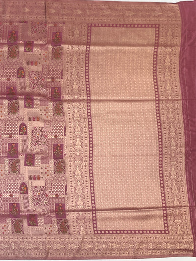 Exquisite Dusty Pink Banarasi Silk Saree with Mosaic Patchwork & Gold Zari