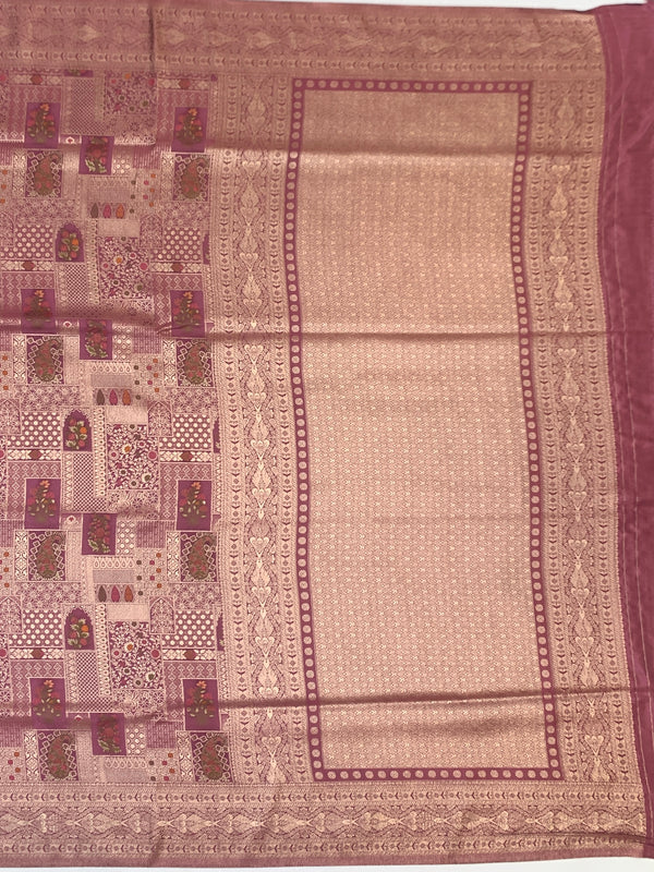 Exquisite Dusty Pink Banarasi Silk Saree with Mosaic Patchwork & Gold Zari