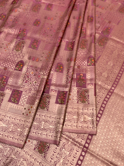 Exquisite Dusty Pink Banarasi Silk Saree with Mosaic Patchwork & Gold Zari