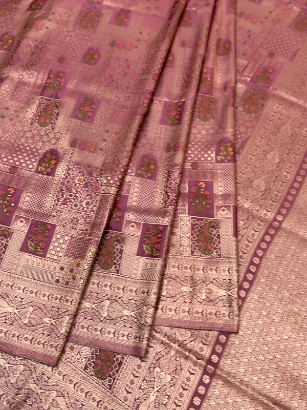 Exquisite Dusty Pink Banarasi Silk Saree with Mosaic Patchwork & Gold Zari