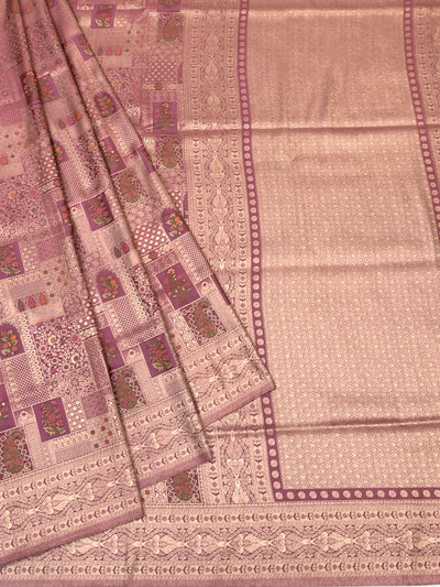 Exquisite Dusty Pink Banarasi Silk Saree with Mosaic Patchwork & Gold Zari
