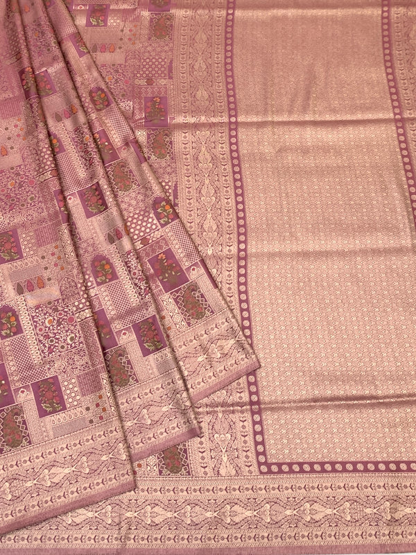 Exquisite Dusty Pink Banarasi Silk Saree with Mosaic Patchwork & Gold Zari