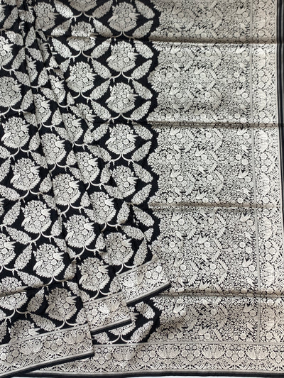 Midnight Ebony Banarasi Saree with Intricate Silver Jaal