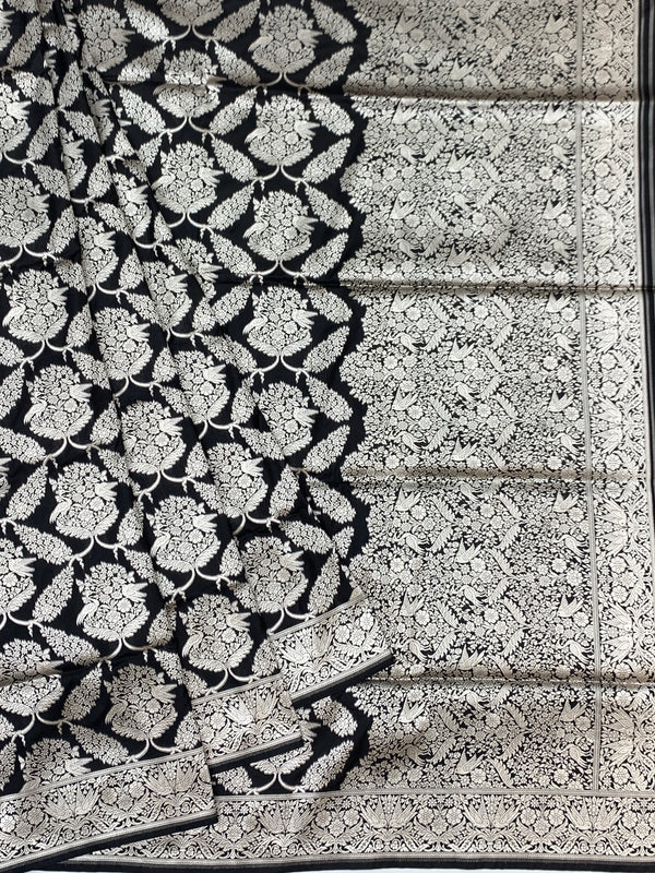 Midnight Ebony Banarasi Saree with Intricate Silver Jaal