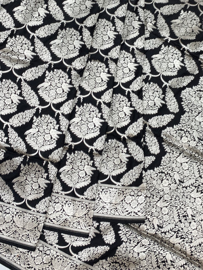 Midnight Ebony Banarasi Saree with Intricate Silver Jaal