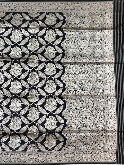 Midnight Ebony Banarasi Saree with Intricate Silver Jaal