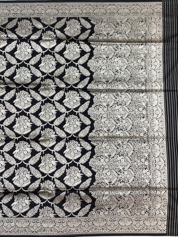 Midnight Ebony Banarasi Saree with Intricate Silver Jaal