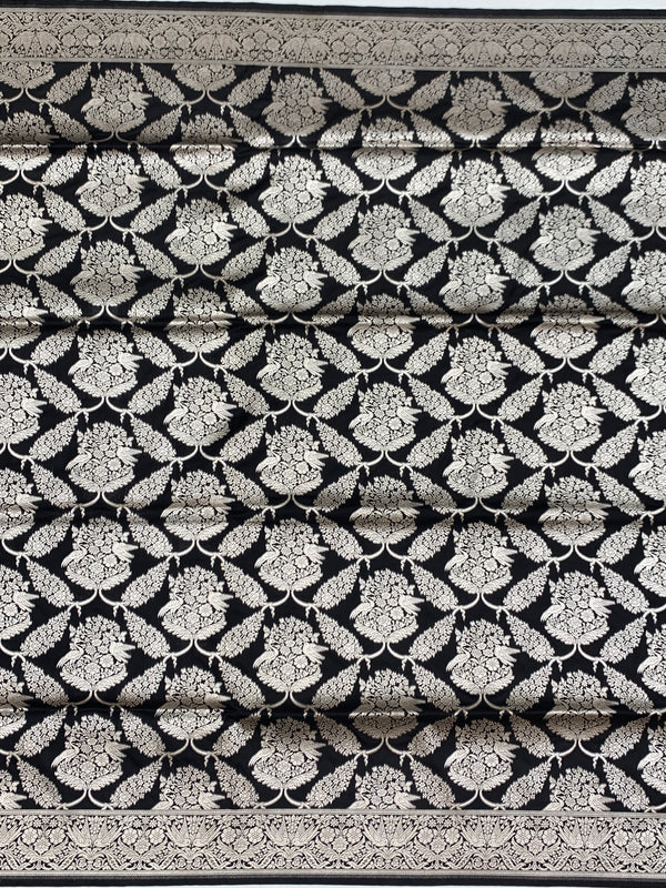 Midnight Ebony Banarasi Saree with Intricate Silver Jaal