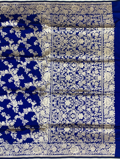 Regal Royal Blue Banarasi Silk Saree with Silver Zari Floral