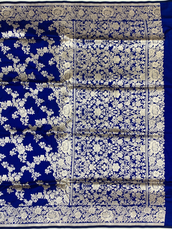 Regal Royal Blue Banarasi Silk Saree with Silver Zari Floral