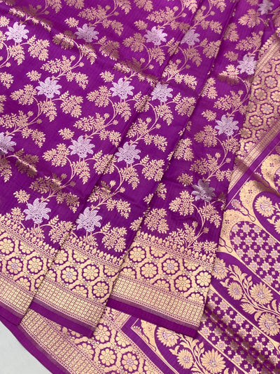 Majestic Magenta Purple Banarasi Silk Saree with Gold Zari Floral Jaal