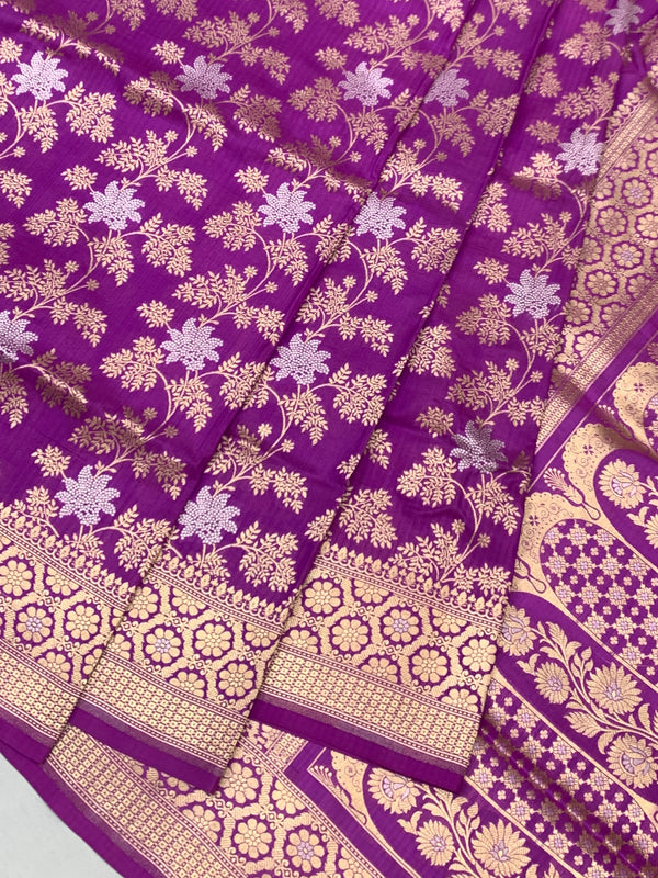 Majestic Magenta Purple Banarasi Silk Saree with Gold Zari Floral Jaal