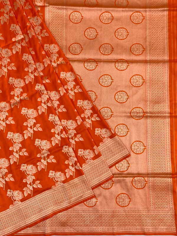 Exquisite Vibrant Orange Banarasi Silk Saree with Silver Zari Rose Motifs
