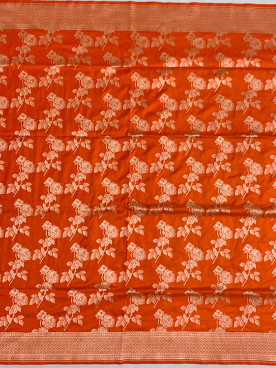 Exquisite Vibrant Orange Banarasi Silk Saree with Silver Zari Rose Motifs