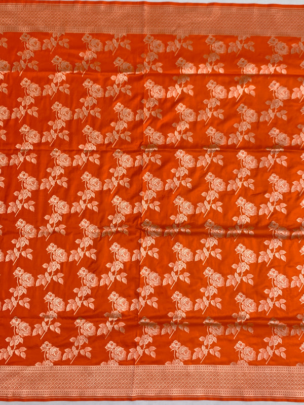 Exquisite Vibrant Orange Banarasi Silk Saree with Silver Zari Rose Motifs