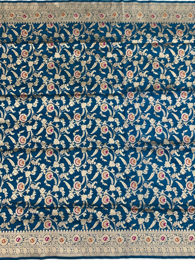 Majestic Peacock Blue Banarasi Silk Saree with Meenakari Jaal