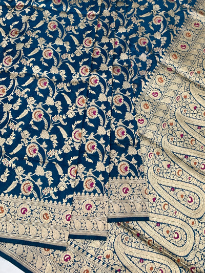 Majestic Peacock Blue Banarasi Silk Saree with Meenakari Jaal