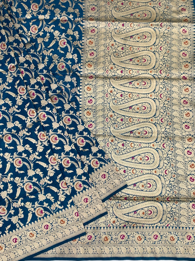 Majestic Peacock Blue Banarasi Silk Saree with Meenakari Jaal