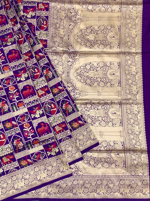Exquisite Purple Banarasi Katan Silk Shikargah Saree