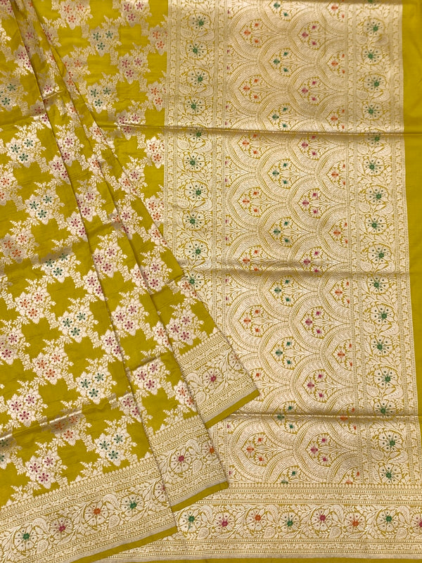 Radiant Mustard Yellow Banarasi Silk Saree with Intricate Gold Zari & Meenakari Floral Jaal