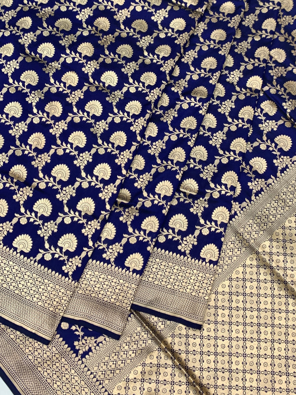 Royal Blue Floral Jaal Banarasi Silk Saree
